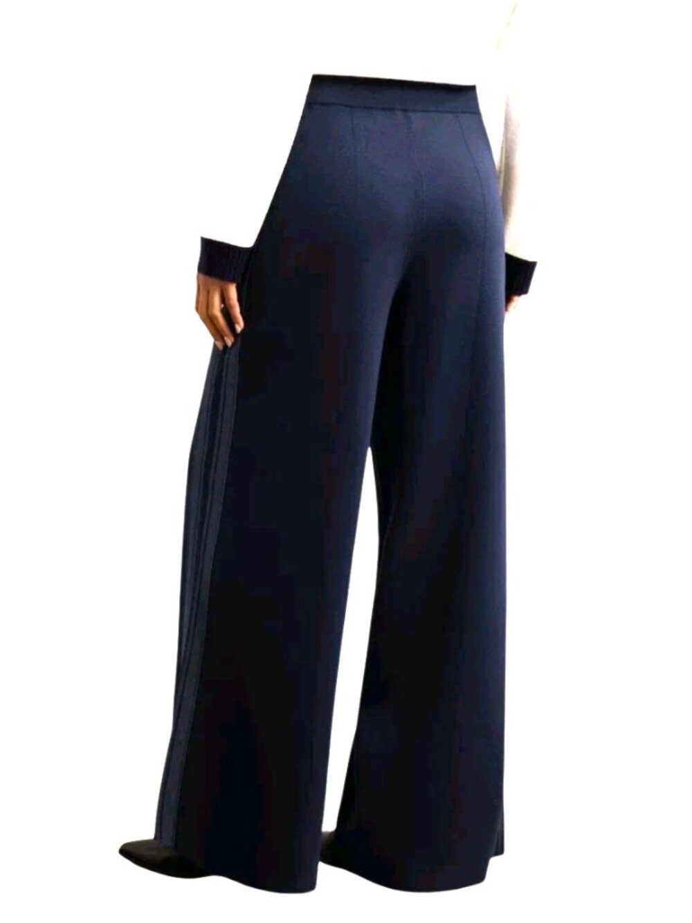 Reiss Womens Pants Size Medium Navy Blue Knitted Side Stripe Wide Leg Trousers - Picture 4 of 9